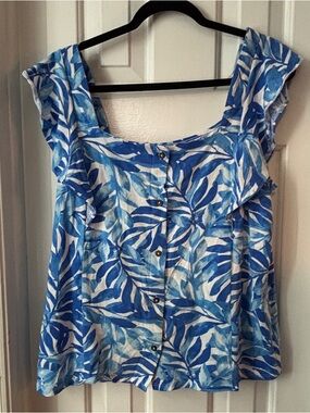 Blue Leaf-Print Button Front Women's Blouse